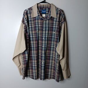 Vtg Wrangler Western Shirt 3X Khaki Blue Plaid Two-Tone Pearl Snap Long Sleeve